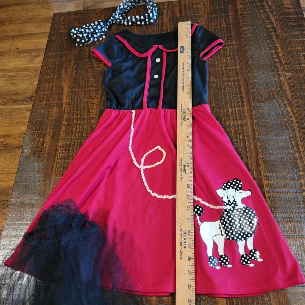 3 PC Red 50's Poodle Skirt Dress outfits Girls Size Medium 6/8 Costume Halloween - Picture 4 of 5